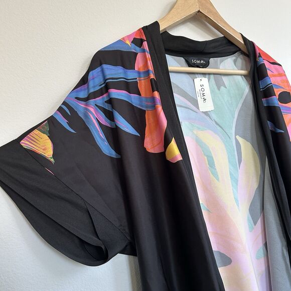 Soma Satin Black Midi Robe XS Paradise Palms Multicolor Short Sleeve Kimono - Picture 7 of 16